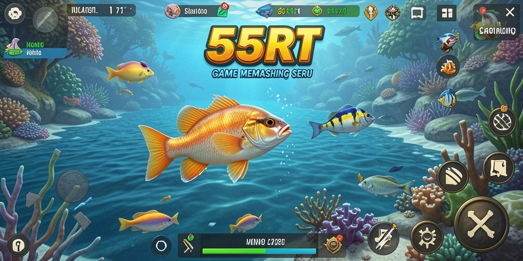 Tampilan gameplay <strong>55RT</strong> yang menarik saat memancing di lautan.