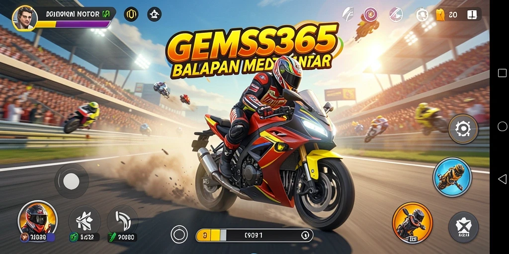 Tampilan gameplay GEMS365 dengan aksi balapan motor yang seru.