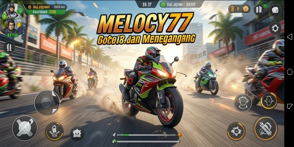 Tangkapan layar gameplay MELODY77 menampilkan balapan motor yang mendebarkan.