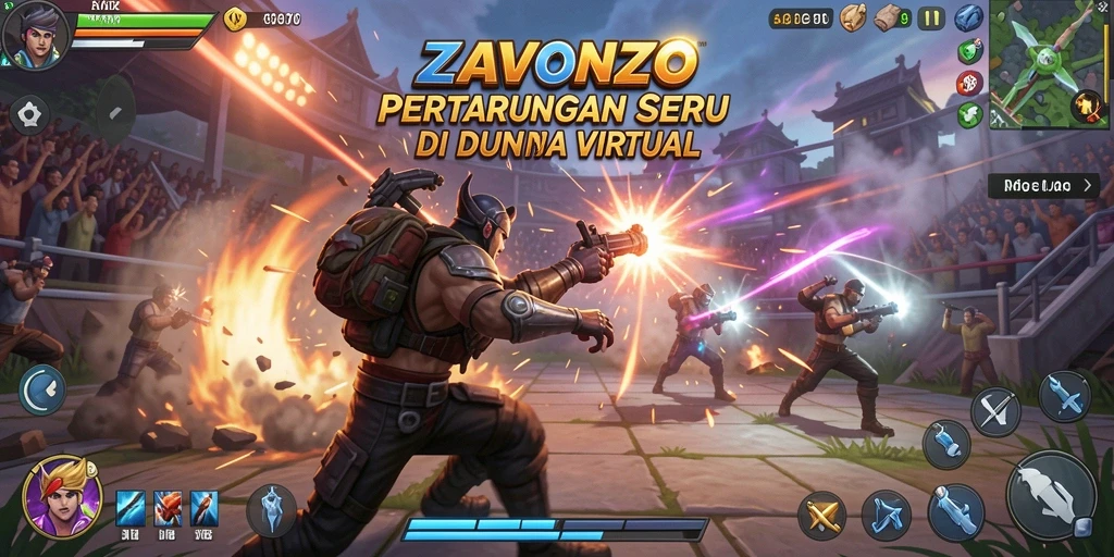 Gameplay ZAVONZO yang intens dan mendebarkan di arena pertarungan.